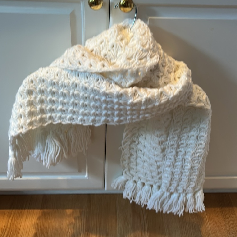 Handmade Elegant Cream White Crochet Wrap with Fringe
